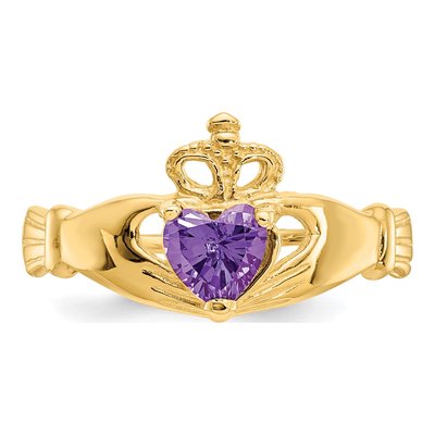 10K Yellow Gold Purple CZ Claddagh Heart Ring – view 6