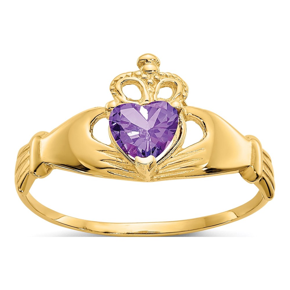 10K Yellow Gold Purple CZ Claddagh Heart Ring