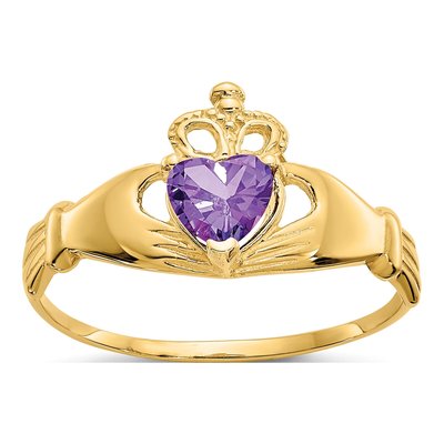 10K Yellow Gold Purple CZ Claddagh Heart Ring