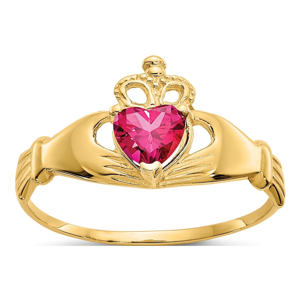 10K Yellow Gold July Birthstone Claddagh Heart Ring