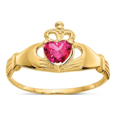10K Yellow Gold July Birthstone Claddagh Heart Ring
