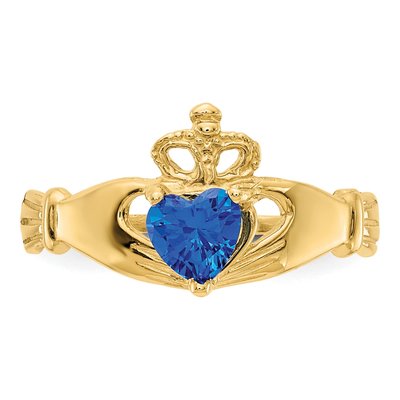 10K Yellow Gold September Blue Claddagh Heart Ring – view 6
