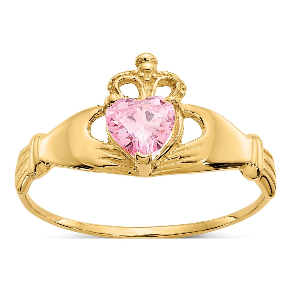10K Yellow Gold Pink CZ Claddagh Heart Ring