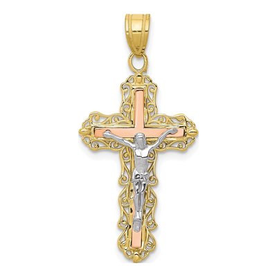10K Tri-Color Gold Diamond-Cut Crucifix Pendant