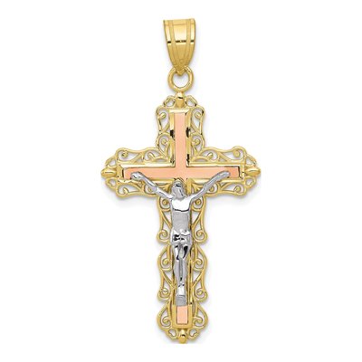 10K Tri-Color Gold Diamond-Cut Crucifix Pendant