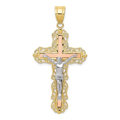10K Tri-Color Gold Diamond-Cut Crucifix Pendant