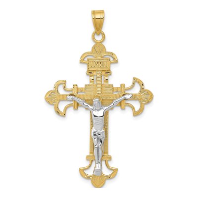 10K Two-Tone Gold INRI Fleur de Lis Crucifix Pendant