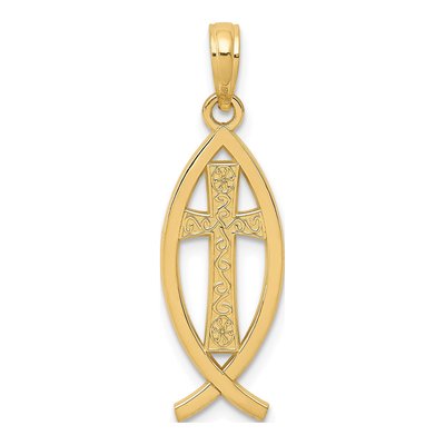 10K Yellow Gold Ichthus Fish Cross Pendant