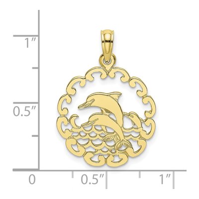 10K Yellow Gold Dolphins Scalloped Circle Pendant – view 4
