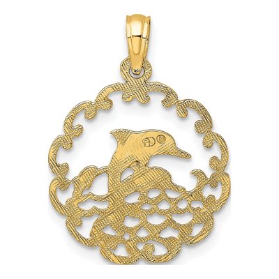 10K Yellow Gold Dolphins Scalloped Circle Pendant – view 5