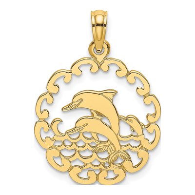 10K Yellow Gold Dolphins Scalloped Circle Pendant