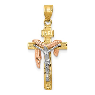 10K Tri-Color Gold Draped INRI Crucifix Pendant