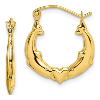 10K Yellow Gold 19mm Dolphin Heart Hoop Earrings