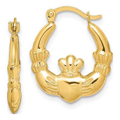 10K Yellow Gold Claddagh Hollow Hoop Earrings