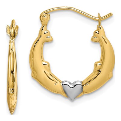 10K Yellow Gold 19mm Dolphin Heart Hoop Earrings