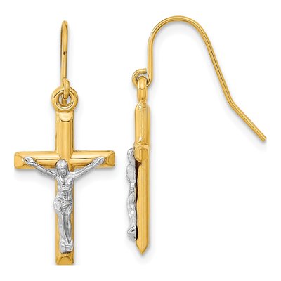 10K Two-Tone Gold Crucifix Dangle Earrings