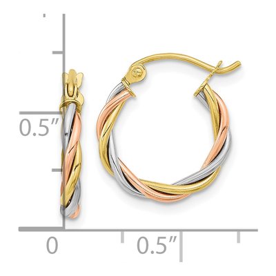 10K Tri-Color Gold 16mm Twisted Round Hoop Earrings – view 5