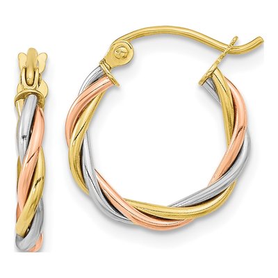 10K Tri-Color Gold 16mm Twisted Round Hoop Earrings