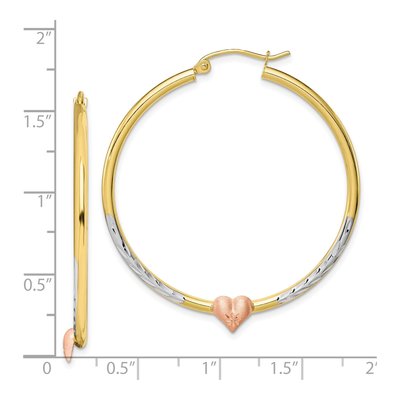 10K Two-Tone Gold Diamond-Cut Heart Hoop Earrings – view 3
