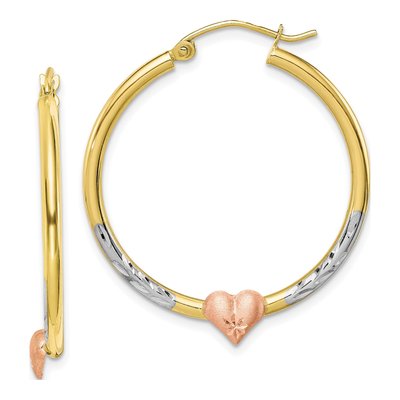 10K Two-Tone Gold Diamond-Cut Heart Hoop Earrings