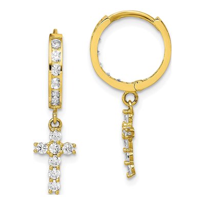 10K Yellow Gold 23mm CZ Cross Huggie Hoop Earrings