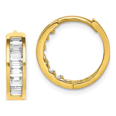 10K Yellow Gold 15mm Baguette CZ Huggie Hoop Earrings