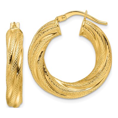10K Yellow Gold Textured Twist Hoop Earrings