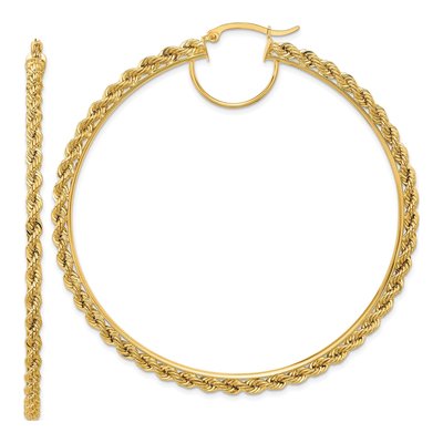 10K Yellow Gold 70mm Diamond-Cut Rope Hoop Earrings