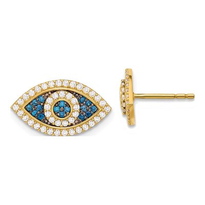 10K Yellow Gold Blue Clear CZ Evil Eye Stud Earrings