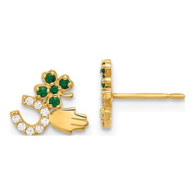 10K Yellow Gold Green Clear CZ Good Luck Stud Earrings