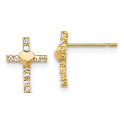 10K Yellow Gold CZ Heart Cross Stud Earrings
