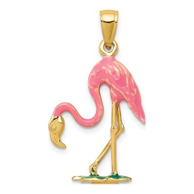 10K Yellow Gold Enameled Pink Flamingo Pendant
