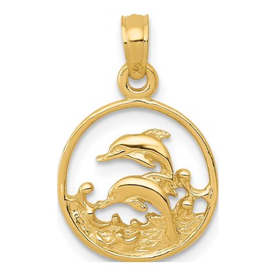 10K Yellow Gold Double Dolphins Circle Pendant