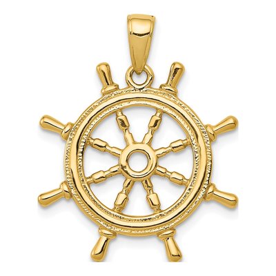 10K Yellow Gold 3D Ships Wheel Pendant