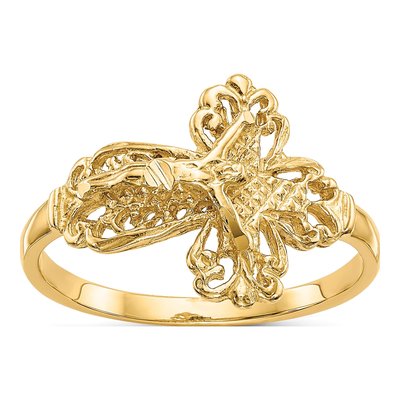 10K Yellow Gold Diamond-Cut Crucifix Ring