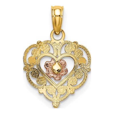 10K Two-Tone Gold Flower Heart Pendant – view 5