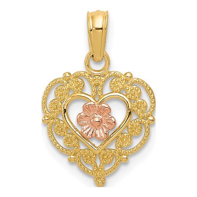 10K Two-Tone Gold Flower Heart Pendant