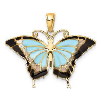 10K Yellow Gold Aqua Black Enamel Butterfly Pendant – view 5