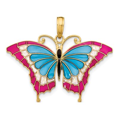 10K Yellow Gold Blue Red Enamel Butterfly Pendant