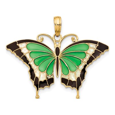 10K Yellow Gold Green Black Enamel Butterfly Pendant