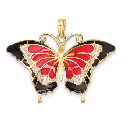 10K Yellow Gold Pink Black Enamel Butterfly Pendant – view 5
