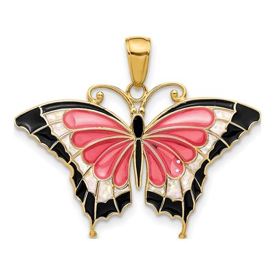 10K Yellow Gold Pink Black Enamel Butterfly Pendant