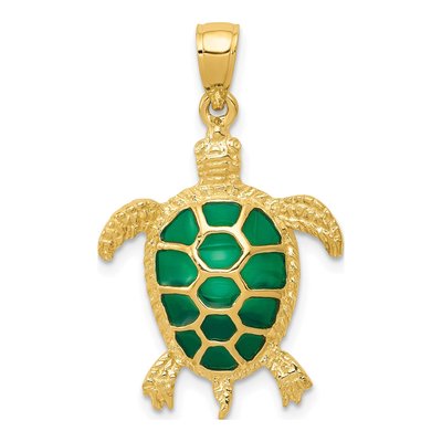 10K Yellow Gold Green Enamel Sea Turtle Pendant