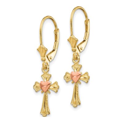 10K Two-Tone Gold Heart Cross Leverback Earrings – view 3