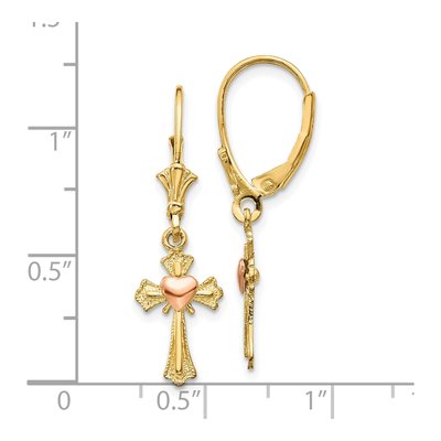 10K Two-Tone Gold Heart Cross Leverback Earrings – view 4