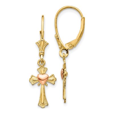 10K Two-Tone Gold Heart Cross Leverback Earrings
