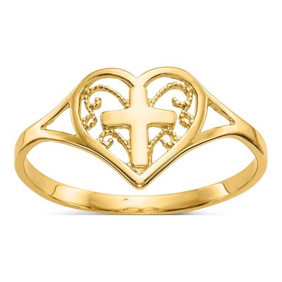 10K Yellow Gold Cross Heart Ring