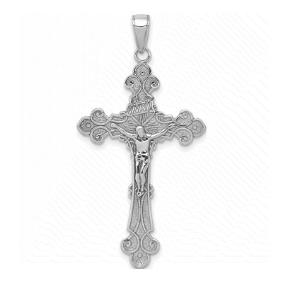 10K White Gold INRI Crucifix Fleur de Lis Pendant