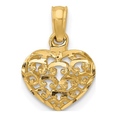 10K Yellow Gold Mini Puffed Filigree Heart Charm – view 4