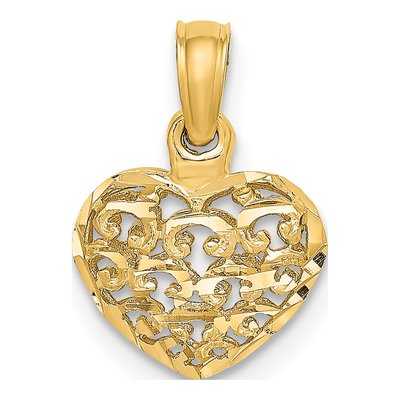 10K Yellow Gold Mini Puffed Filigree Heart Charm